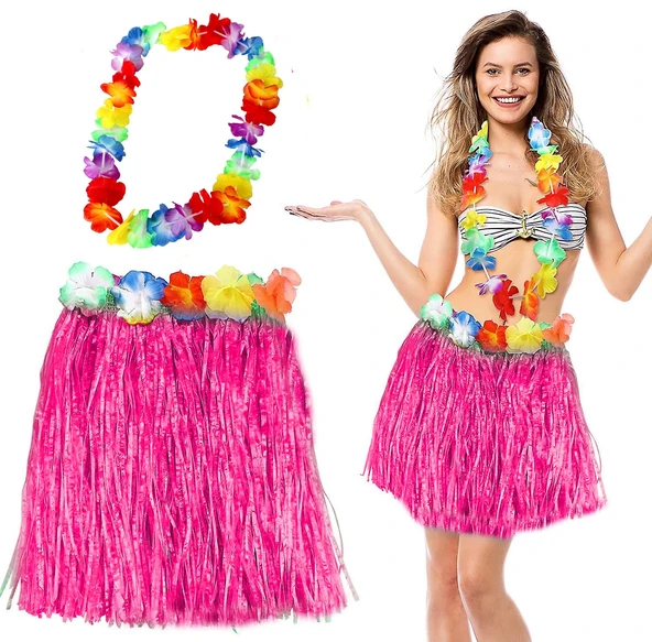 Hawaii Luau Aloha Pembe Püsküllü 40 cm Etek ve Hawaii Kolye Seti ürün görseli 1