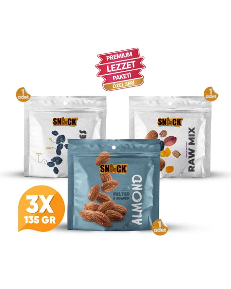 Snack Sağlıklı Atıştırmalık Paketi 3x135 gr Çiğ Karışım Özbek Kuru Üzüm Kavrulmuş Badem Premium Set 405 gr ürün görseli 1