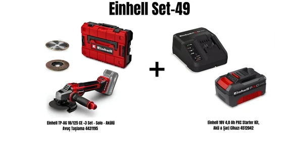 Einhell Set-49 (Einhell TP-AG 18/125 CE +3 Set - Solo - Akülü Avuç Taşlama 4431195+Einhell 18V 4,0 Ah PXC Starter Kit, Akü & Şarj Cihazı) ürün görseli 1