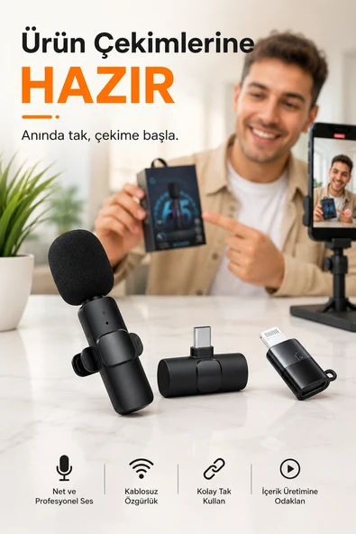 Kablosuz Yaka Mikrofonu USB-C Lightning Uyumlu Tak Çalıştır Telefon Video Ses Kayıt Seti ürün görseli 1