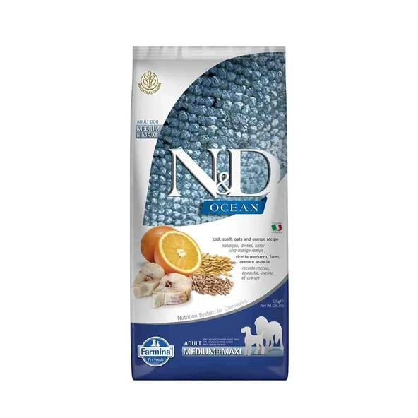 N&D Ocean Düşük Tahıllı Balıklı ve Portakallı Orta ve Büyük Irk Yetişkin Köpek Maması 12 kg ürün görseli 1