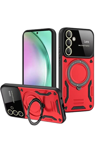 Newface Samsung Galaxy S24 FE Kılıf Joy Lens Standlı Kapak - Kırmızı ürün görseli 1
