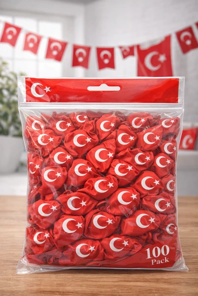 Ayyıldızlı Kırmızı Balon Seti Türk Bayraklı Parti Balonu Dayanıklı Latex Balon 100 Adet ürün görseli 1