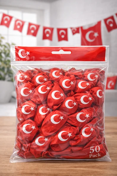 Ayyıldızlı Kırmızı Balon Seti Türk Bayraklı Parti Balonu Dayanıklı Latex Balon 50 Adet ürün görseli 1