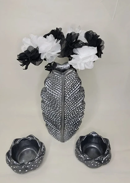 Yapay Çiçekli Gümüş Görünümlü Dekoratif Vazo ve Mumluk Takımı (12 CM x 20 CM) ürün görseli 1