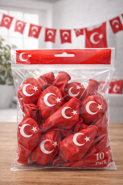 Ayyıldızlı Kırmızı Balon Seti Türk Bayraklı Parti Balonu Dayanıklı Latex Balon 10'lu Paket ürün görseli 1