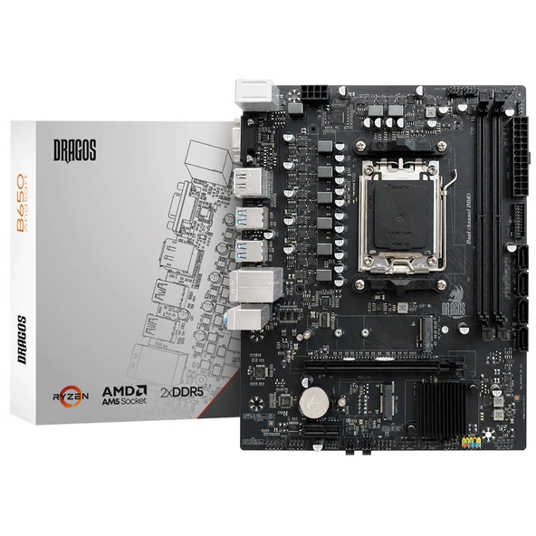 Dragos B650 D5 AM5 DDR5 6000MHz,1x PCIe 4.0 M.2, SATA, USB 3.2, HDMI, DP, 2.5G 3x ARGB mATX Anakart ürün görseli 1