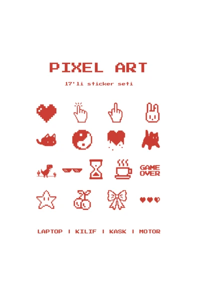 STCKRCO Pixel Art Sticker Seti 17’li | Laptop, Kask, Telefon Sticker Set | Motosiklet Sticker Kırmızı ürün görseli 1