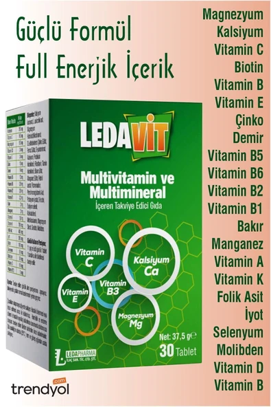 DERMOEXPRESS DERMOEXPRESS Ledavit Multivitamin Mineral 30 Tablet (KALSİYUM MAGNEZYUM ÇİNKO DEMİR VB.) ürün görseli 1