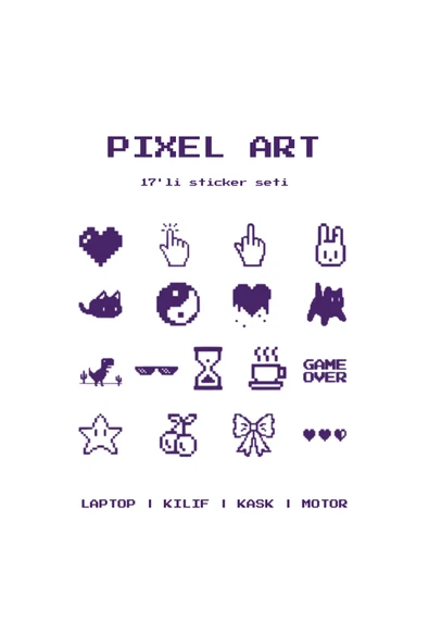 STCKRCO Pixel Art Sticker Seti 17’li | Laptop, Kask, Telefon Sticker Set | Motosiklet Sticker Mor ürün görseli 1