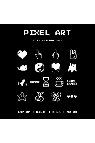 STCKRCO Pixel Art Sticker Seti 17’li | Laptop, Kask, Telefon Sticker Set | Motosiklet Sticker Beyaz ürün görseli 1