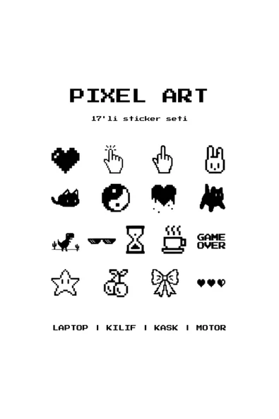 STCKRCO Pixel Art Sticker Seti 17’li | Laptop, Kask, Telefon Sticker Set | Motosiklet Sticker Siyah ürün görseli 1