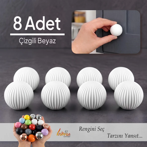 8 Adet Sert Plastik Düğme Yuvarlak Top Çizgili Beyaz Dolap Mobilya Mutfak Dolabı Çekmece Kulbu Kulpu Kulplar ürün görseli 1