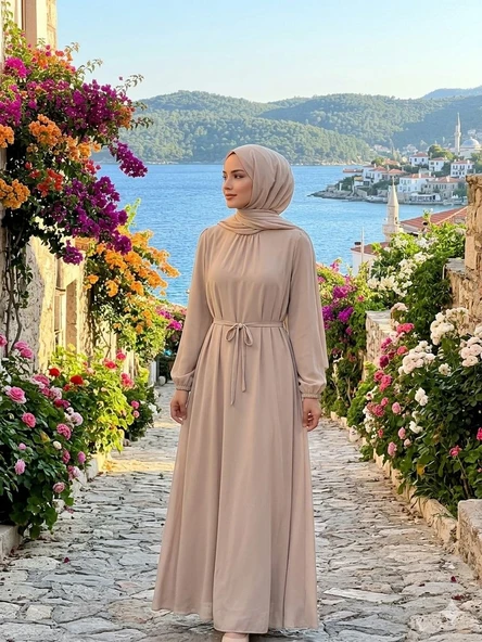 Kadın Beli Kuşaklı Boydan Tesettür Elbise ürün görseli 1
