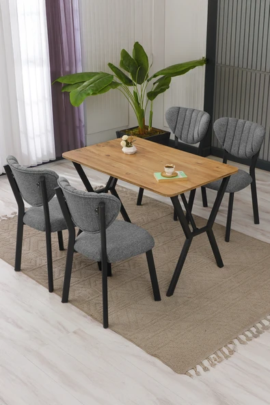 Armens Life Mobilya, Lojistik & Elektronik Ticaret Armens Life Mobilya, Lojistik & Elektronik Ticaret Elma Modeli Masa Sandalye Takımı, 4 Sandalye 1  Sabit Ceviz Masa  110x70 Cm, Keten Kumaş ürün görseli 1