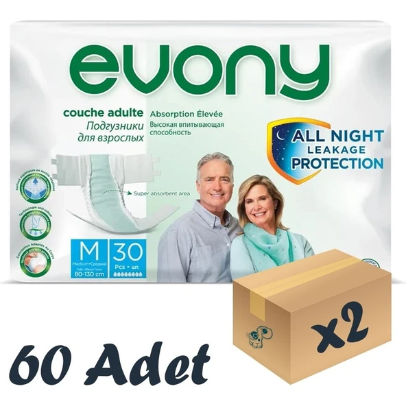 Evony Bel Bantlı Yetişkin Hasta Bezi Medium 30'Lu 2 Paket 60 Adet ürün görseli 1