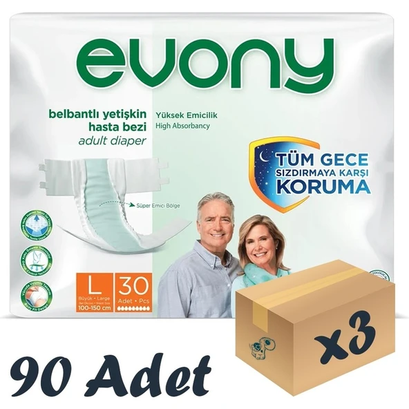 Evony Bel Bantlı Yetişkin Hasta Bezi Large 30'Lu 3 Paket 90 Adet ürün görseli 1