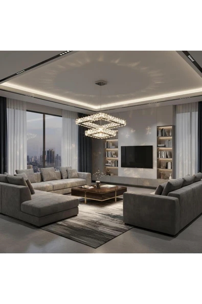 Elizim Home Lighting Kristal Taşlı 2 Katlı Uzaktan Kumandalı Krom Ledli Avize ürün görseli 1