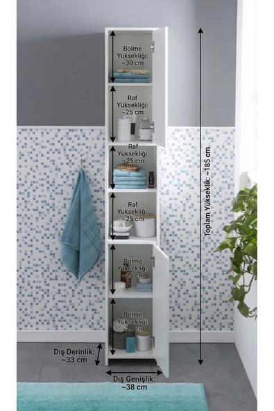 Gafhaus Modern Beyaz Dar ve Uzun Banyo Dolabı - Çok Amaçlı 7 Bölmeli Organizer - Kapaklı 185 cm Tallboy ürün görseli 1