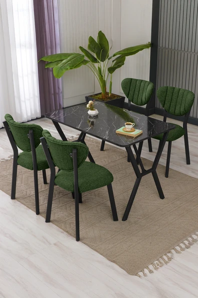 Elma Modeli Masa Sandalye Takımı, 4 Sandalye 1 Sabit Siyah Mermer Desen Masa  110x70 Cm, Keten Kumaş ürün görseli 1