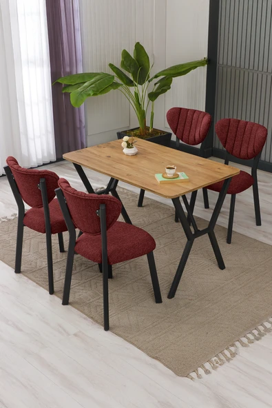 Armens Life Mobilya, Lojistik & Elektronik Ticaret Armens Life Mobilya, Lojistik & Elektronik Ticaret Elma Modeli Masa Sandalye Takımı, 4 Sandalye 1  Sabit Ceviz Masa  110x70 Cm, Keten Kumaş ürün görseli 1