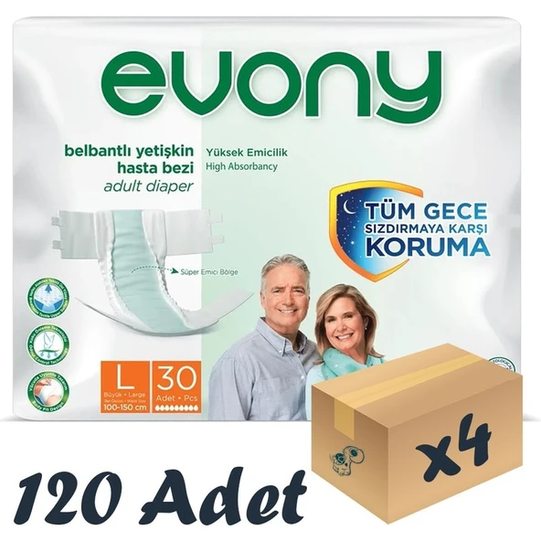 Evony Bel Bantlı Yetişkin Hasta Bezi Large 120 Adet Yüksek Emicilik Konforlu Kullanım ürün görseli 1