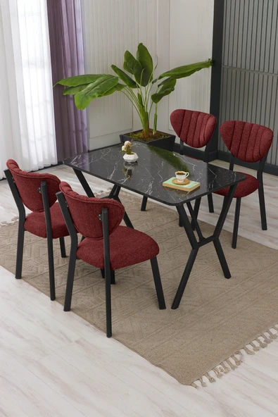 Elma Modeli Masa Sandalye Takımı, 4 Sandalye 1 Sabit Siyah Mermer Desen Masa  110x70 Cm, Keten Kumaş ürün görseli 1