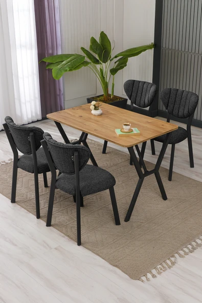 Armens Life Mobilya, Lojistik & Elektronik Ticaret Armens Life Mobilya, Lojistik & Elektronik Ticaret Elma Modeli Masa Sandalye Takımı, 4 Sandalye 1  Sabit Ceviz Masa  110x70 Cm, Keten Kumaş ürün görseli 1