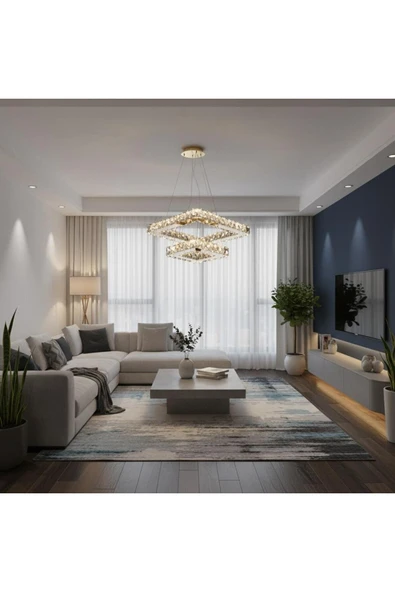 Elizim Home Lighting Kristal Taşlı 2 Katlı Uzaktan Kumandalı Gold Ledli Avize ürün görseli 1