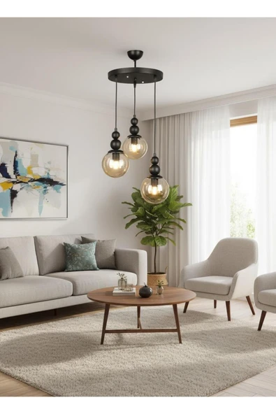 Elizim Home Lighting Holla 3' lü Bal Cam'lı Siyah Sarkıt Avize ürün görseli 1