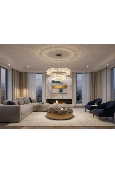 Elizim Home Lighting Elmas 2 Katlı Kristal Taşlı Ledli Avize ürün görseli 1