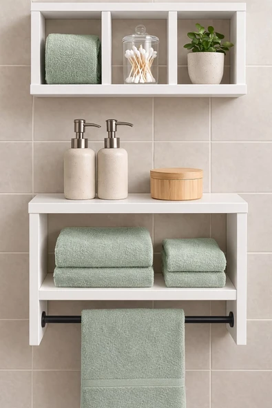 Gafhaus Modern Beyaz 2'li Banyo Rafı Seti - Havlu Askılı Duvara Monte Ahşap Düzenleyici Organizer ürün görseli 1