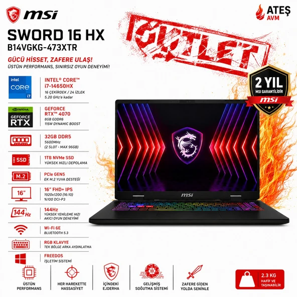 MSI Sword 16 HX B14VGKG-473XTR i7-14650HX 32GB RAM 1TB SSD 8GB RTX 4070 FDOS 144 Hz Full HD 16 inç Oyun Bilgisayarı ürün görseli 1