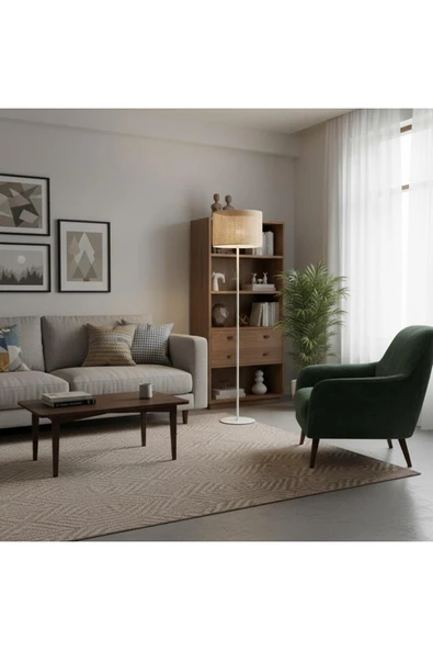 Elizim Home Lighting Canty Hasır Görünümlü Beyaz Şapkalı Lambader ürün görseli 1