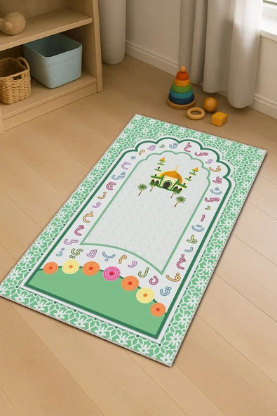 Su Yeşili Harfli Unisex Çocuk Seccadesi CS27 ürün görseli 1