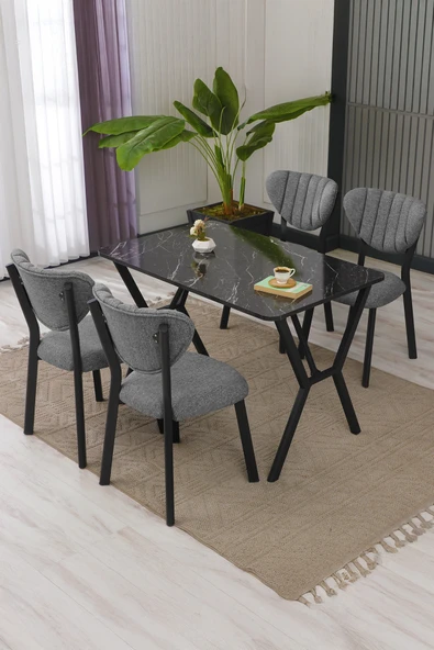 Elma Modeli Masa Sandalye Takımı, 4 Sandalye 1 Sabit Siyah Mermer Desen Masa  110x70 Cm, Keten Kumaş ürün görseli 1