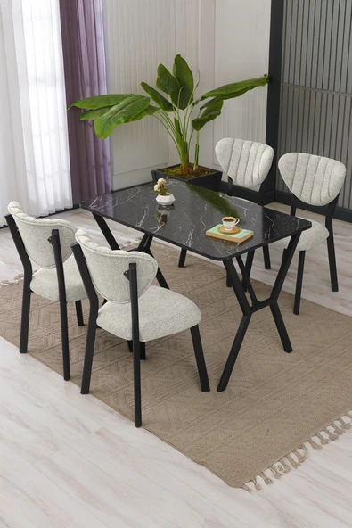 Elma Modeli Masa Sandalye Takımı, 4 Sandalye 1 Sabit Siyah Mermer Desen Masa  110x70 Cm, Keten Kumaş ürün görseli 1