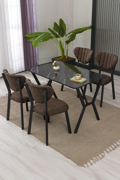 Elma Modeli Masa Sandalye Takımı, 4 Sandalye 1 Sabit Siyah Mermer Desen Masa  110x70 Cm, Keten Kumaş ürün görseli 1