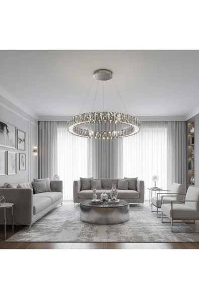 Elizim Home Lighting Kristal Uzaktan Kumandalı 40 cm Krom Avize ürün görseli 1