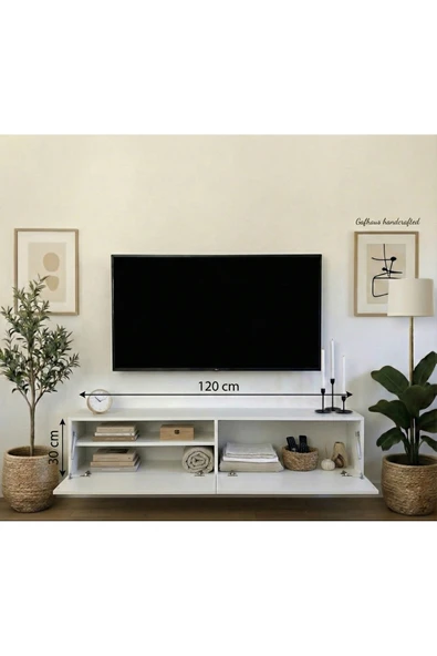 Gafhaus Modern Duvara Monte Asma TV Ünitesi 120 cm - 2 Kapaklı Beyaz Konsol (120x30 cm) ürün görseli 1
