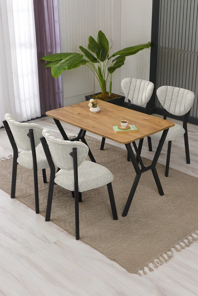 Armens Life Mobilya, Lojistik & Elektronik Ticaret Armens Life Mobilya, Lojistik & Elektronik Ticaret Elma Modeli Masa Sandalye Takımı, 4 Sandalye 1  Sabit Ceviz Masa  110x70 Cm, Keten Kumaş ürün görseli 1
