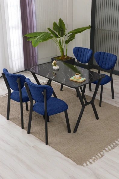 Elma Modeli Masa Sandalye Takımı, 4 Sandalye 1 Sabit Siyah Mermer Desen Masa  110x70 Cm, Keten Kumaş ürün görseli 1