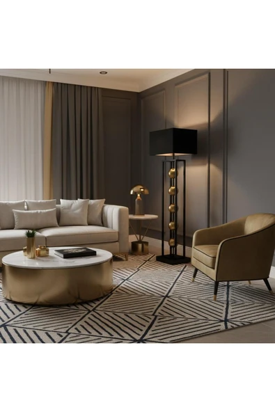 Elizim Home Lighting Zarafet Siyah Kasa Gold Detaylı Siyah Şapkalı Lambader ürün görseli 1