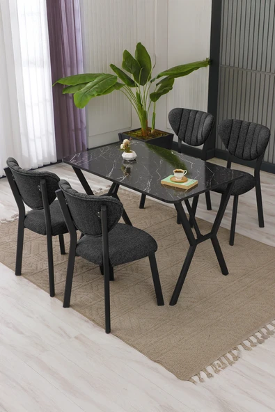 Elma Modeli Masa Sandalye Takımı, 4 Sandalye 1 Sabit Siyah Mermer Desen Masa  110x70 Cm, Keten Kumaş ürün görseli 1