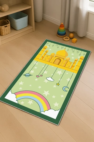 Açık Yeşil Cami Temalı Unisex Çocuk Seccadesi CS31 ürün görseli 1