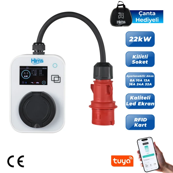 Hims 22kW Kilitli Soketli Beyaz Taşınabilir Araç Şarj İstasyonu HCTS-22-B ürün görseli 1