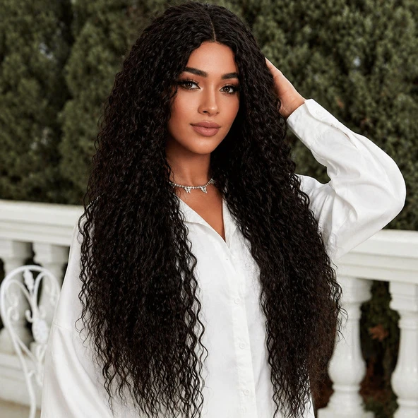 Afro Dalga Fiber Sentetik Tül Peruk / Koyu Kestane ürün görseli 1