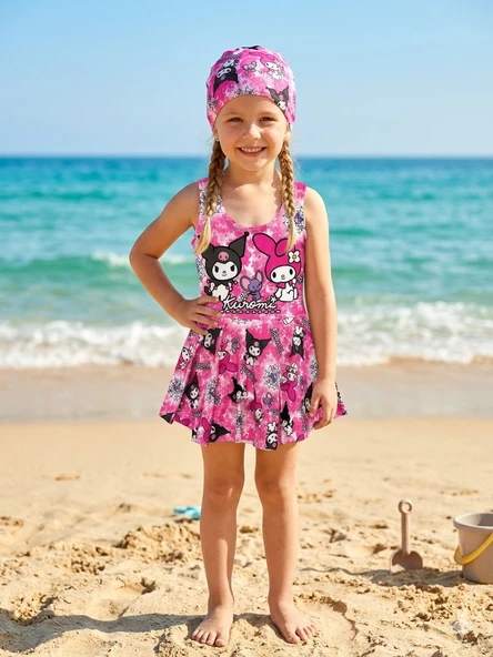 Cg Kids Kuromi Kız Çocuk UV Korumalı Volanlı Mayo ve Bone Havuz Deniz Takımı ürün görseli 1