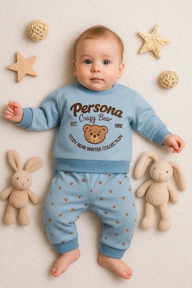 Persona Bear Nakışlı % 100 Pamuk 2'li Erkek Bebek Takım ürün görseli 1