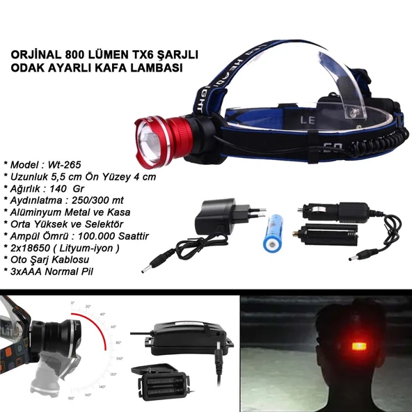 Orjinal 800 Lümen T6 Şarjlı Kafa Feneri Wt-265 ürün görseli 1